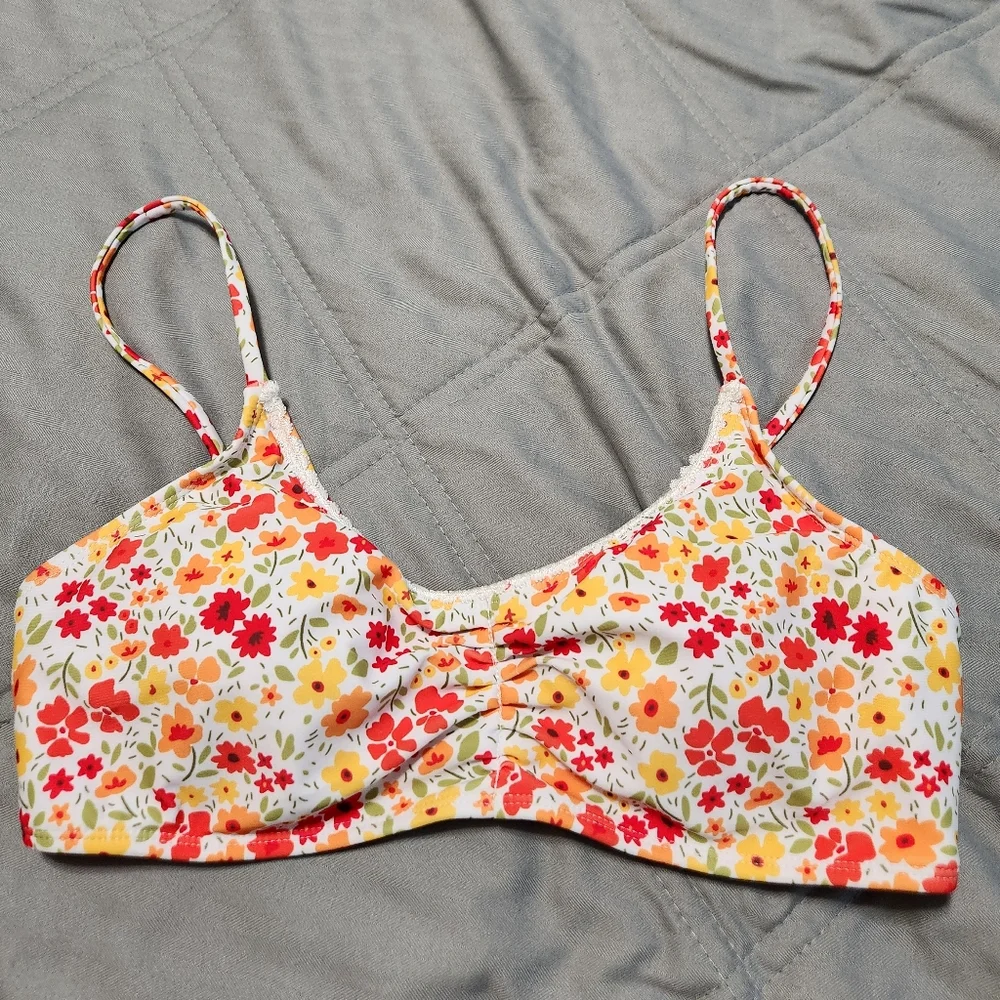 Ruched Floral Bikini Top Orange Medium